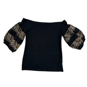 Free People Rock With It Black Embroidered Off Shoulder Puff Sleeve Top M